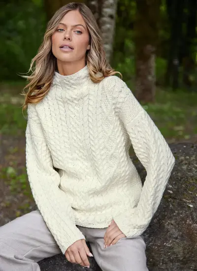 Made in Blarney Ava Aran Funnel Neck Sweater in Natural